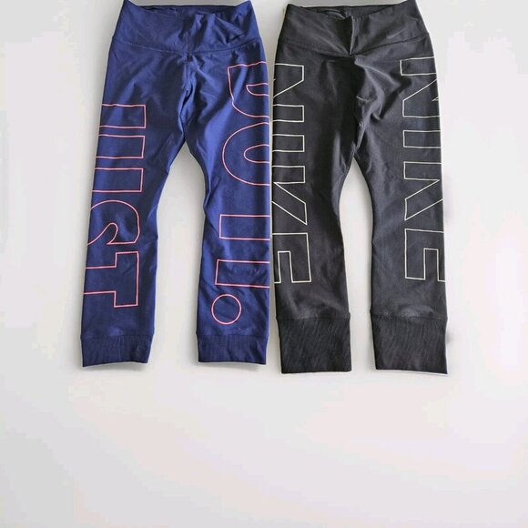 Nike Leggings Womens XS Lot of 2 Dri-Fit Swoosh Spell Out JDI Cropped Stretch - Picture 1 of 16